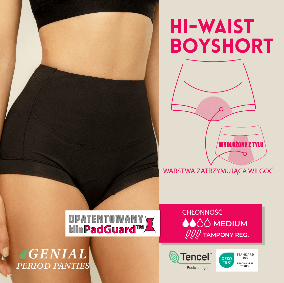 Majtki menstruacyjne z wysokim stanem BOKSERKI